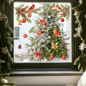 Vibrant Christmas window stickers featuring red cardinals, pine cones and ornaments