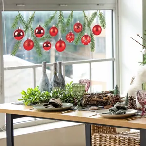 Christmas Wall Sticker PVC Printed Red Baubles Pine Branches Self Adhesive Window Decal Festive Home Decoration