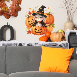 Cartoon Halloween Zauberer Hase und Kürbis Wandaufkleber Dekor in einem Wohnzimmer