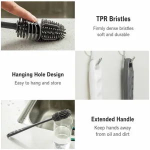 Long handle cleaning brush for water bottles, cups, and crevices with flexible TPR bristles.
