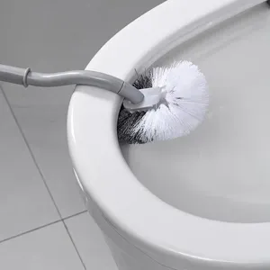 Long handle toilet brush with curved design for efficient deep cleaning bathroom toilet bowl rim.