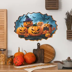 Adesivo Murale 3D Zucca di Halloween Divertente Decalcomania con Crepa Muro Murale d'Arte in PVC Autoadesivo Zucca per Arredo Casa