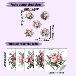 Dimensions for self-adhesive flower wall stickers showing layout and sheet size