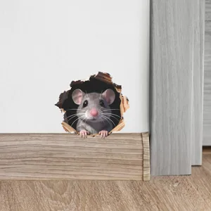 Realistic 3D little mouse peeking from hole wall sticker detail for home decoration