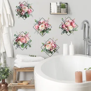 Elegant floral diamond-shaped wall stickers displayed on a modern bathroom wall scene