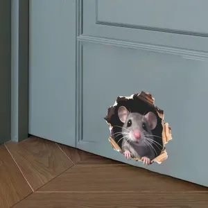 3D realistic cartoon mouse peeking through hole wall sticker for home bedroom decor