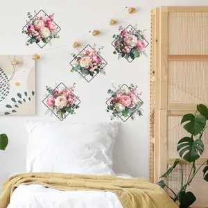 Self-adhesive pink peony floral wall stickers in black diamond frames for bedroom home decor