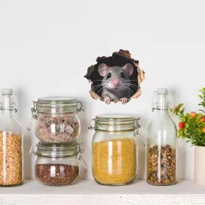 3D cute mouse hole wall sticker for realistic kitchen pantry or home decoration detail