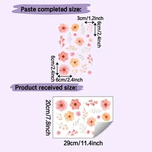Size specifications for pink-orange floral wall stickers showing sheet and applied dimensions