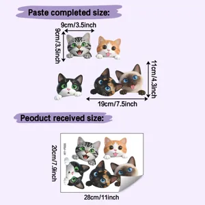 Size guide for cute cartoon cat wall decals showing 28x20cm sheet and applied sizes
