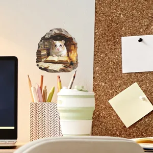 Detailed 3D hamster library wall sticker applied on a cozy study room desk wall