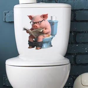 Detailed view of a funny pig reading a newspaper on a toilet sticker for bathroom decor