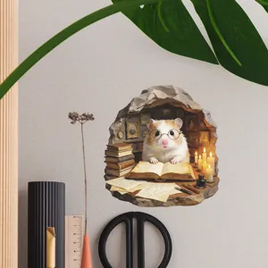 Detailed 3D wall sticker featuring a scholarly hamster reading in a cozy cave study scene