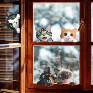 Adorable cartoon cat stickers peeking from a wooden window frame with a snowy background