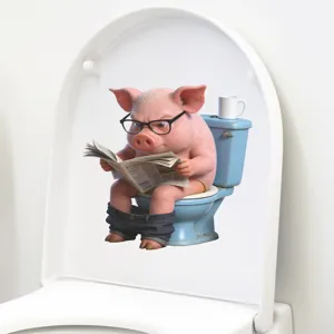 Humorous 3D pig reading newspaper toilet sticker decal for quirky bathroom home decoration