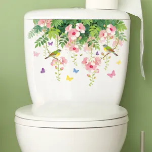Rosa Blumenranke Vogel Wandaufkleber Abnehmbar PVC Selbstklebend Wasserdicht Deko Für Badezimmer Toilette Wassertank Haus Kunst Wandbild