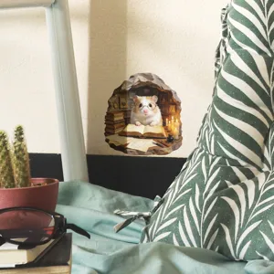 Detailed view of fairy tale hamster reading wall sticker in cozy home decor setting