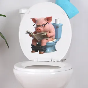 Funny pig reading newspaper 3D toilet lid sticker humorous bathroom decoration