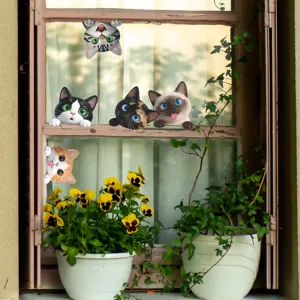 Cartoon peeking cats wall stickers applied on window frames with flower pots decoration