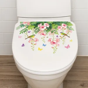 Detaillierte Nahaufnahme von Blumen und Vogel Toilettendeckel Aufkleber im Badezimmer