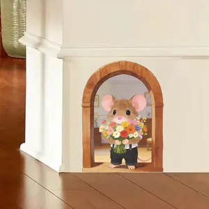 Close-up of a 3D mouse wall sticker with flower bouquet on a white wall corner