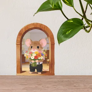 Whimsical fairy tale mouse wall sticker holding colorful flowers on a clean white wall decor