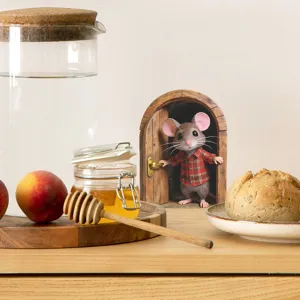 Detailed 3D mouse wall decal featuring a cute mouse in a red plaid shirt at a wooden door