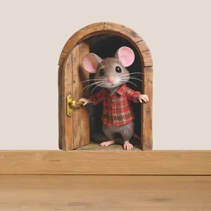 Cute 3D mouse in a wooden door wall sticker for home decor bedroom skirting board decal