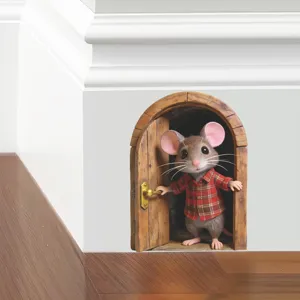 Detailed 3D wall sticker featuring a cute cartoon mouse in a tiny wooden door scene