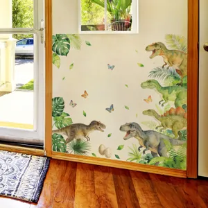 Dschungel-Dinosaurier-Wandaufkleber an einer Kinderzimmerwand neben einem Türrahmen