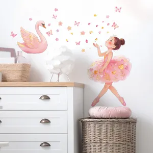 Pegatinas de Pared de Bailarina de Ensueño Rosa Princesa Dibujos Animados Cisne Mariposa Corazón Flores Calcomanías de PVC Autoadhesivas Para Dormitorio Infantil