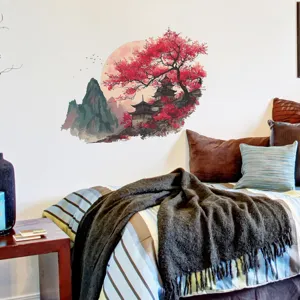 Detailed view of Chinese landscape wall decal with red trees and pavilion in bedroom