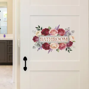 Rose Floral Bathroom Door Wall Sticker Waterproof PVC Flower Decal Toilet Decor Washroom Sign Aesthetic Home Art