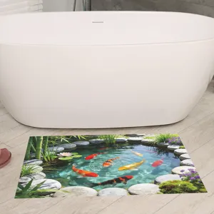 Detailansicht eines 3D-Koi-Teich-Bodenaufklebers neben einer Badewanne im Badezimmer.