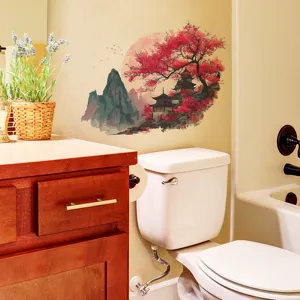 Detailed view of Chinese landscape wall sticker with red trees and pavilion in bathroom decor scene
