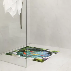 3D-Koi-Teich-Bodenaufkleber mit Lotus und farbenfrohen Fischen im Badezimmerdekor
