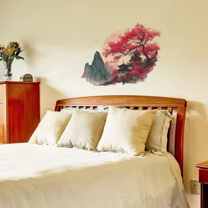 Chinese Landscape Wall Sticker PVC Traditional Pavilion Mountains Red Trees Zen Style Decal For Living Room Bedroom Decor