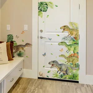 Aquarell Dinosaurier Wandsticker mit T-Rex und Urwaldblättern auf einer Zimmertür