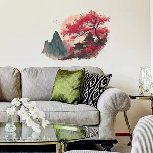 Chinese landscape wall sticker featuring ancient pavilions and mountains in living room