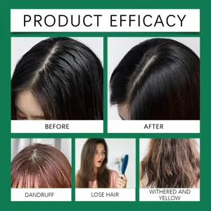Tea tree shampoo efficacy display image showing hair care, dandruff removal and repair.