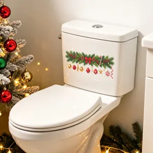 Festive Christmas toilet tank decal featuring pine branches red bows and baubles