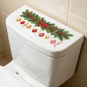 Christmas Pine Branches Red Bow Balls Toilet Sticker PVC Self-Adhesive Bathroom Decoration Festive Wall Sticker For Toilet Tank