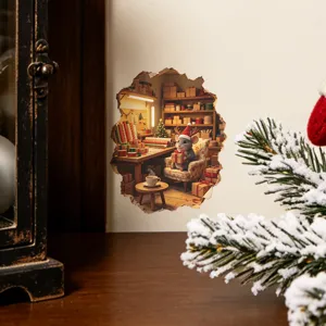 Detailed 3D Christmas mouse hole wall sticker with a cute mouse and holiday gift scene