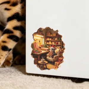 Detailed close-up view of a 3D Christmas mouse hole wall sticker showing a festive workshop