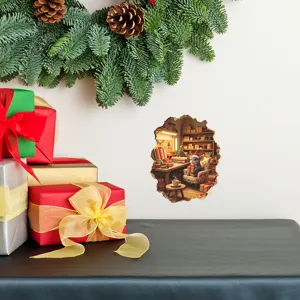 Detailed view of a 3D Christmas mouse hole wall sticker with a festive mouse scene