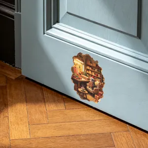 Realistic 3D Christmas mouse hole wall sticker featuring a cute mouse with festive gifts