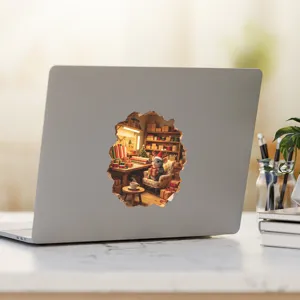 Whimsical 3D Christmas mouse hole sticker applied to a silver laptop lid for decor