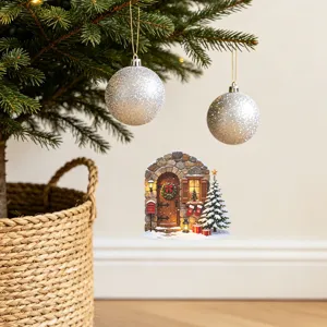 Cozy stone house entrance Christmas wall decal for festive holiday home decoration