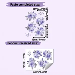 Purple rose wall sticker dimensions showing received sheet and pasted layout for home decor