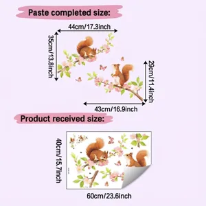 Watercolor squirrel and peach blossom wall sticker dimensions and layout guide